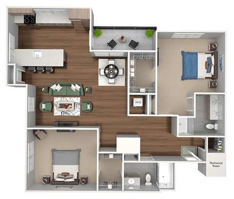 Floor plan for 2 beds, 2 baths, 1071 sqft